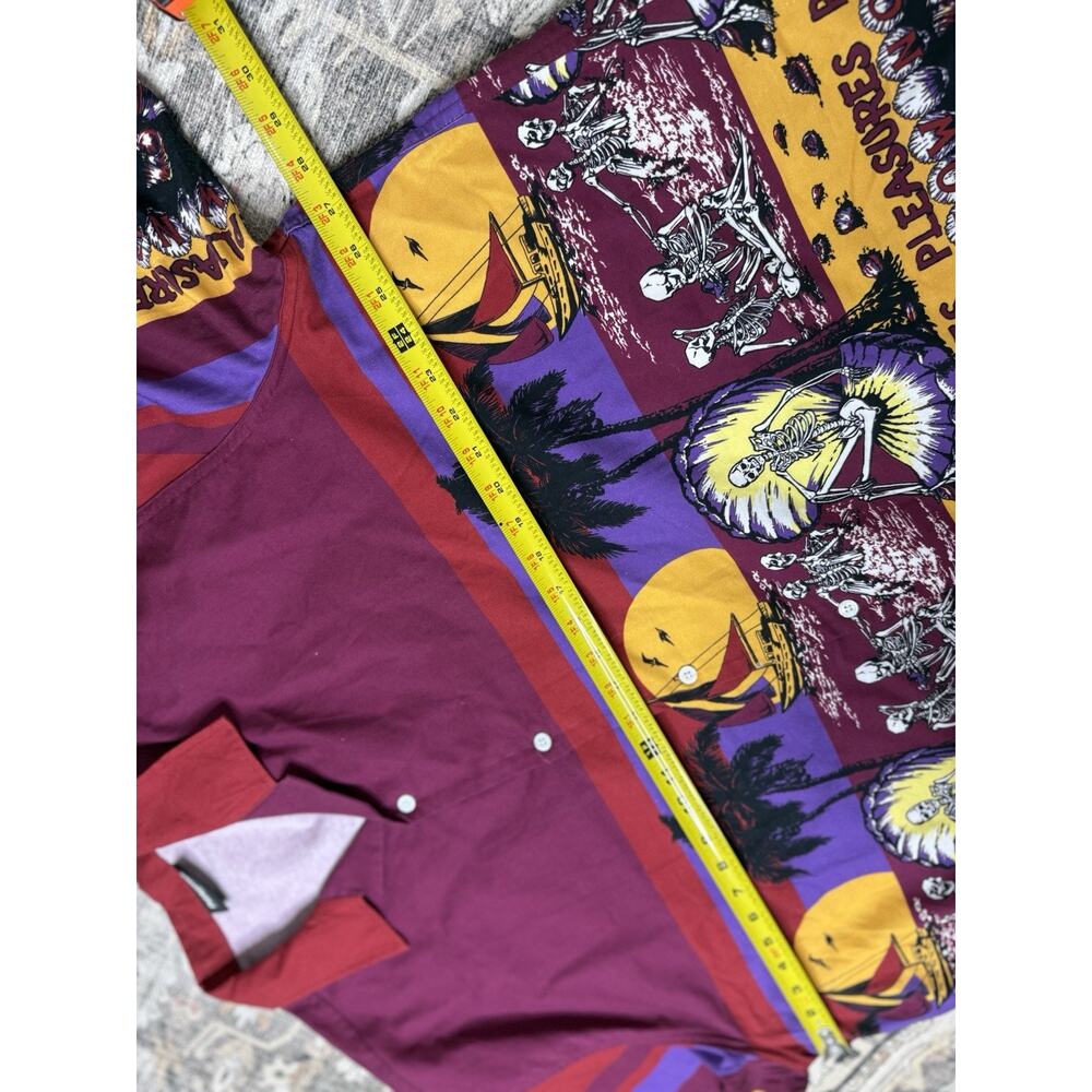 PLEASURES BEACH BUTTON DOWN SHIRT BURGUNDY Skeleton Beach Halloween Sz XXL - Picture 6 of 10